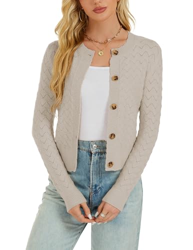 Enjyam Damen Strickjacke Langarm Elegant Kurz Cardigan mit Knöpfe Rundhals Leichte Trachtenjacke zum Top Kleid S