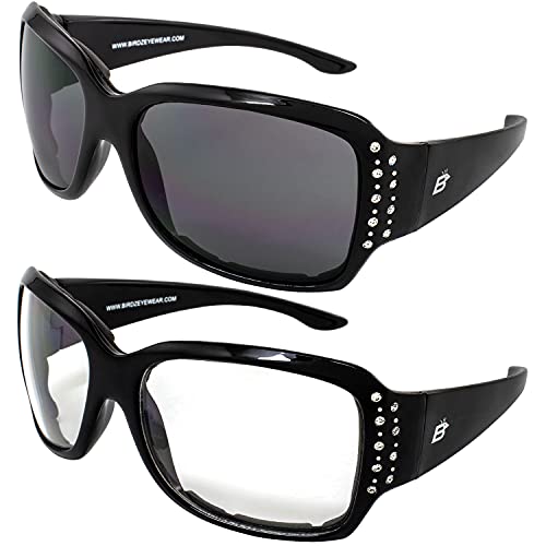 Birdz Eyewear LadyBird Women's Padded Motorcycle Sunglasses 3 Pairs Rhinestone Black Frames