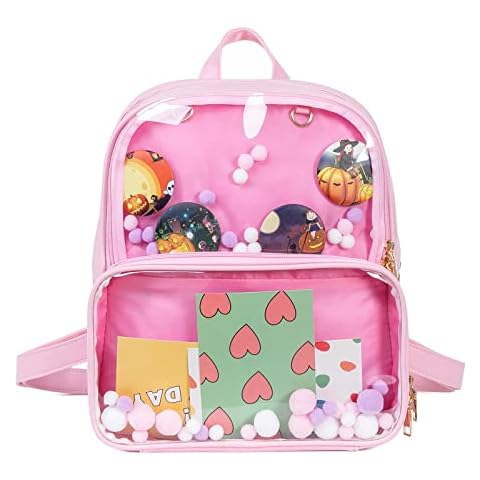 UULMBUJ Ita Backpack Purse, Cute Clear Shoulder Bag Transparent Kawaii Daypack Travel Bag for Pins Display, Pink Cover