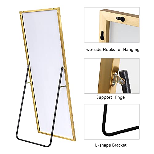 Image of NeuType 47 inchx16 inch Full Length Mirror with Standing Holder Aluminum Alloy Frame Floor Mirror Wall-Mounted Mirror for Living Room, Bedroom, Hanging or Leaning Against Wall, Golden (with Stand)