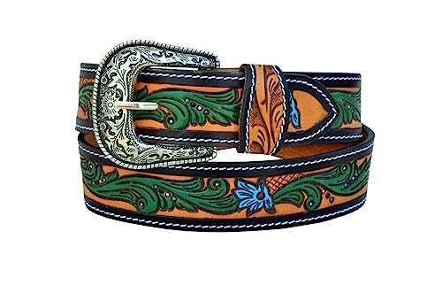 Western Genuine Leather Floral Tooled Casual Jeans Belt With Removeable Buckle 30AB1082