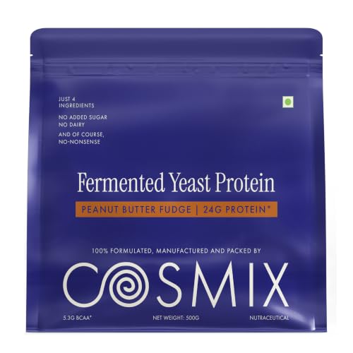 Image of Cosmix Fermented Yeast Protein Powder | 24g Protein | Made with Real Peanut Butter | High Absorption with PDCAAS of 1 | Made In-House | Smooth, Tasty & Gut-Friendly | Peanut Butter Fudge, 500g Pouch