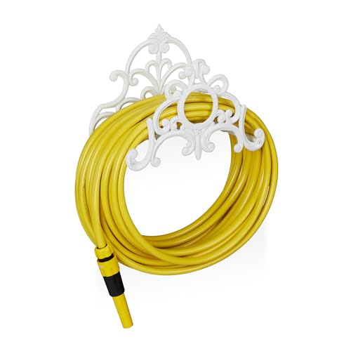 Relaxdays Enrollador para mangueras, Soporte para la Pared, Vintage, Hierro Fundido, 24 x 31,5 x 15 cm, Blanco