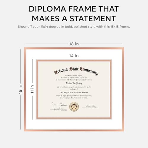 Image of Homeforia 15x18 Diploma Frame Rose Gold, High End Metal 15 x 18 Certificate Frames with Mat 11 x 14, 15by18 Document Frame Matted to 11x14, Graduation Degree Frames, Tempered Glass, Wall Kit, Set of 3