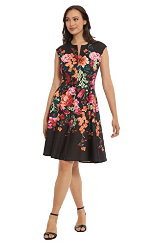 London Times Women's Feminine Floral Split Neck Flattering Fit and Flare Career Guest of Chic Polished