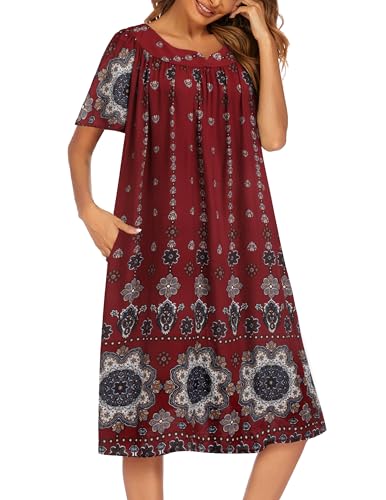 Image of Ekouaer Womens Nightgown Short Sleeve House Dress with Pockets-Floral Print Mumu Dress