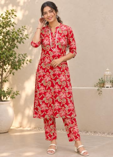 Image of Women's Pure Cotton Printed Kurta Pant Set | Floral Print Kurta with Pants | Ethnic Suit Set | Daily Wear | Co-Ord Set Dress for Women,2 Piece Set