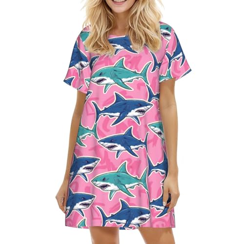 Dujiea Cartoon Sharks Women's Short Sleeve Nightgown - Soft Knee-Length