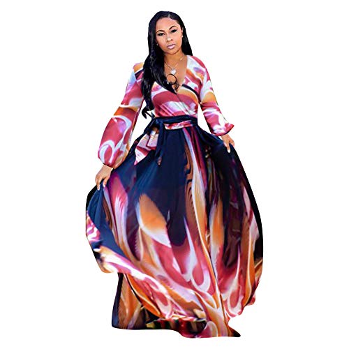 Image of Nuofengkudu Womens Chiffon Deep V-Neck Maxi Dress Summer Boho Dresses(S-5XL)
