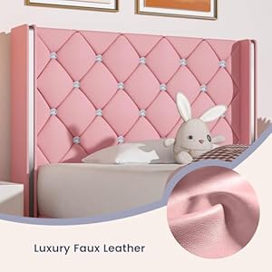 HOMBCK Twin Bed Frame, Upholstered Bed Frame with Diamond Tufted Headboard, Twin Bed Frames for Girls, Cute Princess Bed, Faux Leather, Wooden Slats Support, No Box Spring Needed, Pink HOMBCK Twin Bed Frame Upholstered Bed Frame with Diamond Tufted Headboard Twin Bed Frames for Girls Cute Princess Bed Faux Leather Wooden Slats Support No Box Spring Needed Pink