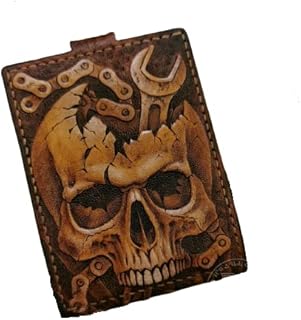 Skull with wrench wallet, Biker Best Leather Wallet, Embossed wallet, Custom Wallet, Skull, Personalized wallet, Leather Wallet, 3D Genuine Leather Wallet, Hand Carved, Leather Carving, Carving Wallet