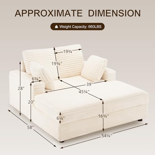 Furnimart Oversized Chaise Lounge Chair Indoor, 58 Inch Comfy Lounge Sofa with Wood Frame & 2 Throw Pillows, Fluffy Corduroy Loveseat for Living Room, Beige