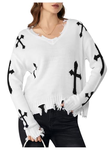 Image of BEAUDRM Women's Graphic Sweaters V Neck Long Sleeve Distressed Sweaters Raw Hem Knitted Pullover Top White Medium