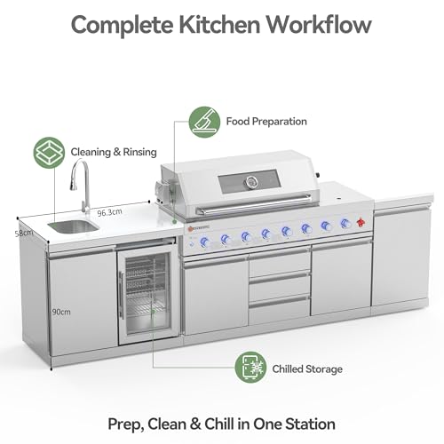 Image of Sink and Fridge Combo for Outdoor Kitchen, 68L Refrigerator and Sink with Pull-Down Faucet, Brushed SS and Granite Countertops, All-in-One BBQ Island Cleaning Station (Black)