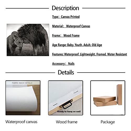 Modern Lion Lioness Black And White Pictures Office Bedroom Wall Art Minimalist Animal Couple Artwork Framed Canvas Painting Print For Home Bathroom Kitchen Décor Ready To Hang 12X16Inch #TOP2