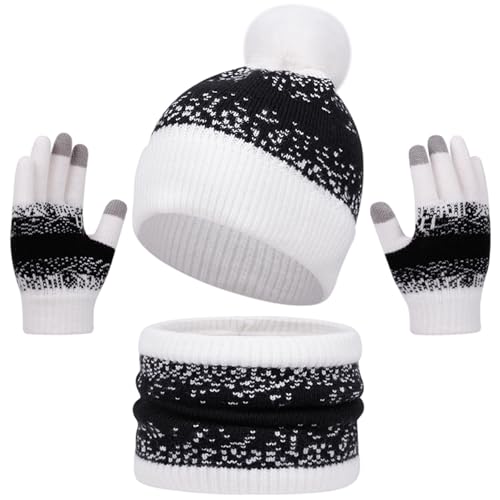 Yaopelky Conjunto de gorro para mujer, polaina para el cuello, guantes cálidos para pantalla táctil, forro polar, bufanda con pompón, para adultos, Blanco, Talla única
