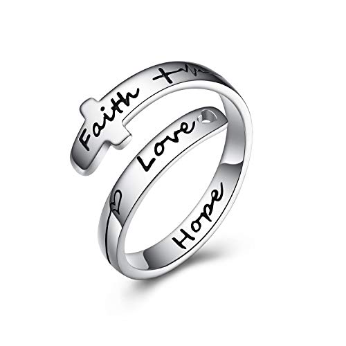 POPLYKE Faith Hope Love Ring for Women Teens 925 Sterling Silver Faith Ring Wrap Rings for Women Inspirational Jewelry Gifts (1-Cross Adjustable Ring 7)
