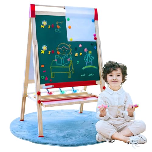 Preescolar, Toy Caballete Para Niños con 5M Rollo de Papel, Caballete de Arte Tablero Magnético,Doble Cara Caballete de pie 90-165cm Ajustable para Niños,16 Tipos de...