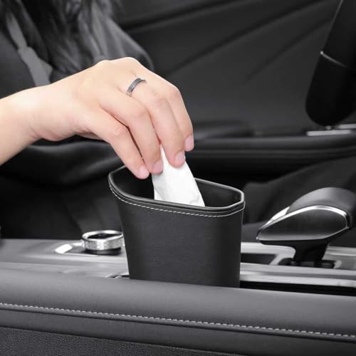 Image of Car Cup Holder Trash Can Leather Mini Garbage Bin With Trash Bag | Cup Holder Garbage Bin, Backseat Front Seat Door Compatible, Center Console Armrest Passenger Glovebox, Organization Storage