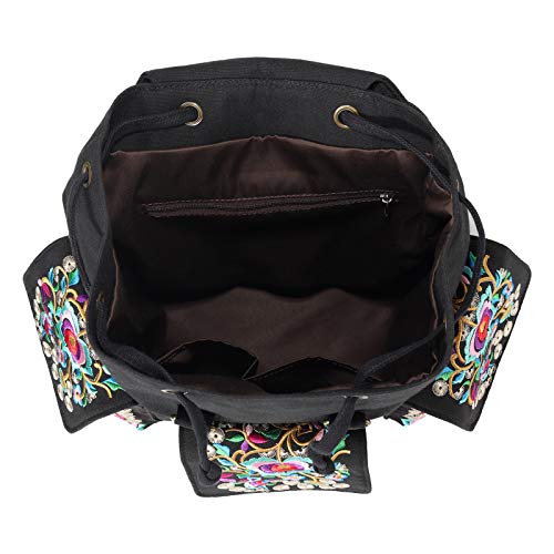 Image of SILKAREA Vintage Embroidered Backpack Purse for Women Handbag Canvas Shoulder Bag Ethnic Boho Travel Backpack (Black S2) Large