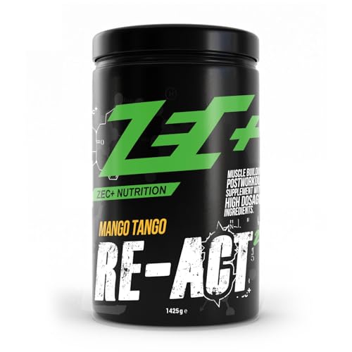 ZEC+ RE ACT 2.0 Post Workout Drink – Hochwertiges Kombination aus Molkeneiweißisolat, Kohlenhydratmatrix, Aminosäurenkomplex, Adaptogenen Pflanzenextrakten, All in One Workout Shake (Mango Tango)