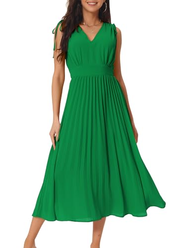 Seta T Vestido Midi Plisado con Volantes y Cuello en V, Informal, sin Mangas, Cintura Alta, para Mujer Verde Oscuro L
