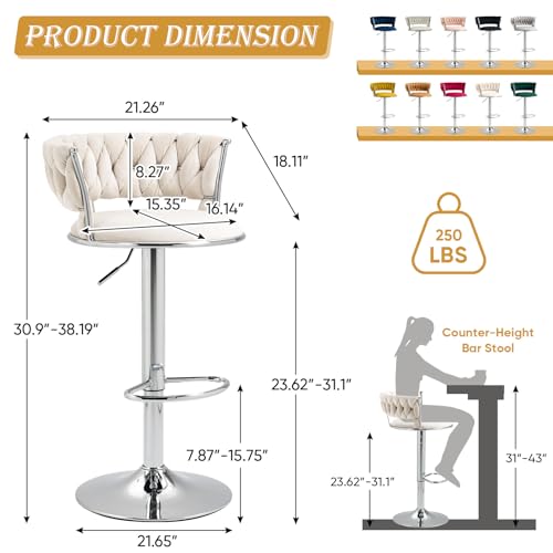 Velvet-Swivel-Bar-Stools-Set-of-4-Modern-Adjustable-Barstools-with-Woven-Back-Counter-Height-Bar-Stool-with-Silver-Leg-Upholstered-Bar-Chair-for-Kitchen-Island-Pub-Cafes-Bar-Counter-Ivory Velvet Swivel Bar Stools Set of 4 Modern Adjustable Barstools with Woven Back Counter Height Bar Stool with Silver Leg Upholstered Bar Chair for Kitchen Island Pub Cafes Bar Counter Ivory