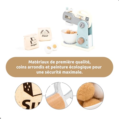 UMU® Mixer Kit de jeu en bois avec bol mélangeur, fouet, ingrédients et plus encore, ensemble de mixeur de cuisine pour enfants, 10 pièces, accessoires de cuisine pour petits chefs à partir de 3, 4, 5 – Image 3
