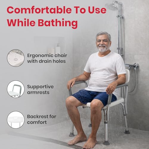 Image of Antara AGEasy (Max Group) Safesit Shower Chair for Seniors | Adjustable Bath Stool with Padded Armrests & Back | Shower Chair with Removable Back & Height Adjustable Legs for Bathroom, Bathtub