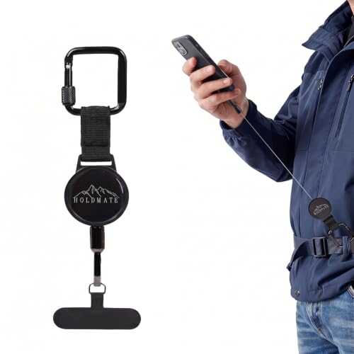 Holdmate Phone Holder Retractable Tether with Coiled Cord and Carabiner Clip for Secure Hands-Free Use with Most Smartphones