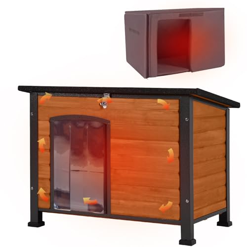 Aivituvin Hundehaus Indoor Outdoor Holz Hundekennel für den Winter, wetterfest, geeignet für kleine, mittlere und große Hunde, einzigartiges Ganzumfassung Stahlrahmen (Braun, L mit isolierter)