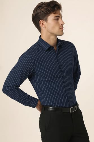 Image of Peter England Men's Slim Fit Full Sleeve Striped Formal Shirt | Cotton Rich | Wonder Fabric | Pin Point Oxford