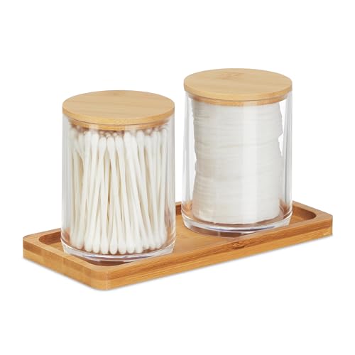 Relaxdays Wattestäbchenbehälter mit Tablett, 2 Becher m. Deckel, Kosmetik Organizer Kunststoff/Bambus, transparent/natur, Durchsichtig, Clear, Natural