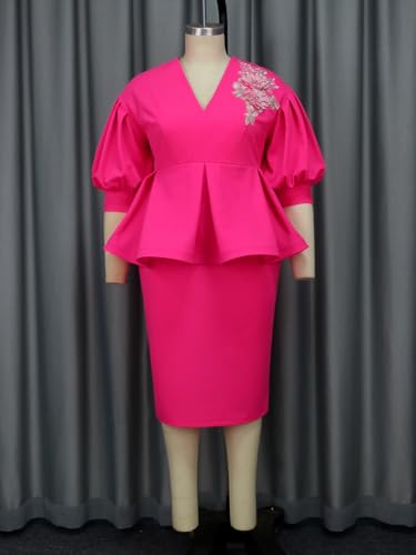 AOMEI Women's V Neck Applique Peplum Office Bodycon Midi Dress Short Puff Sleeve Business Work Pencil Dresses for Women3