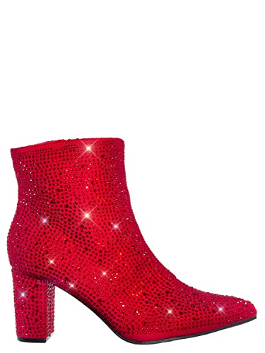 Forever Women Rhinestone Block Chunky Heel Ankle Bootie Iceberg 12 shoes Red Size 8.54