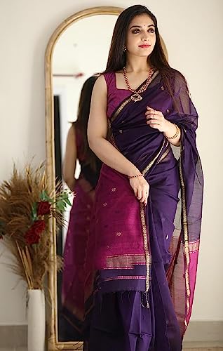 Image of SGF11 Women's Kanjivaram Soft Cotton Linen Silk Saree With Blouse Piece (Purple Pink)