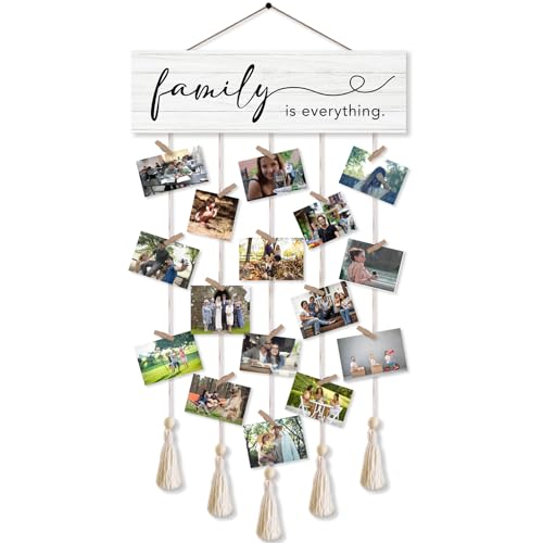 Gwisml Family is Everything Hanging Photo Display Board with 16 Clips 5 Strings, Rustic Style Picture Collage Frames with Tassels, Farmhouse Wood Hanging Wall Decor for Home Décor, Housewarming Gifts