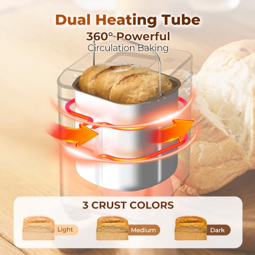 Image of Rosewill 25-in-1 Automatic Bread Maker Machine with 3 Loaf Size up to 2LB, 700W High Power Dual Heater Bread Maker with BPA-free Nonstick Coating Pan, Max 15 Hours Delay Timer, Low Noise - Honey