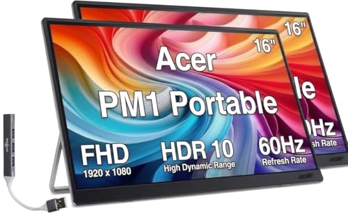 Image of Acer PM161Q J 16 inch Portable USB-C IPS Monitor w / HDR10, Built-in Speakers | 6ms Response Time, Anti-Glare, 220 nits Brightness, Mini HDMI & Dockztorm USB Port Expander, Black /Silver Color, 2 Packs