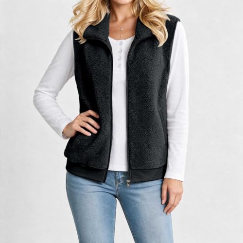 Womens Sherpa Fleece Vest Zip Front Stand Collar Ribbed Hem Casual Layering - image 2