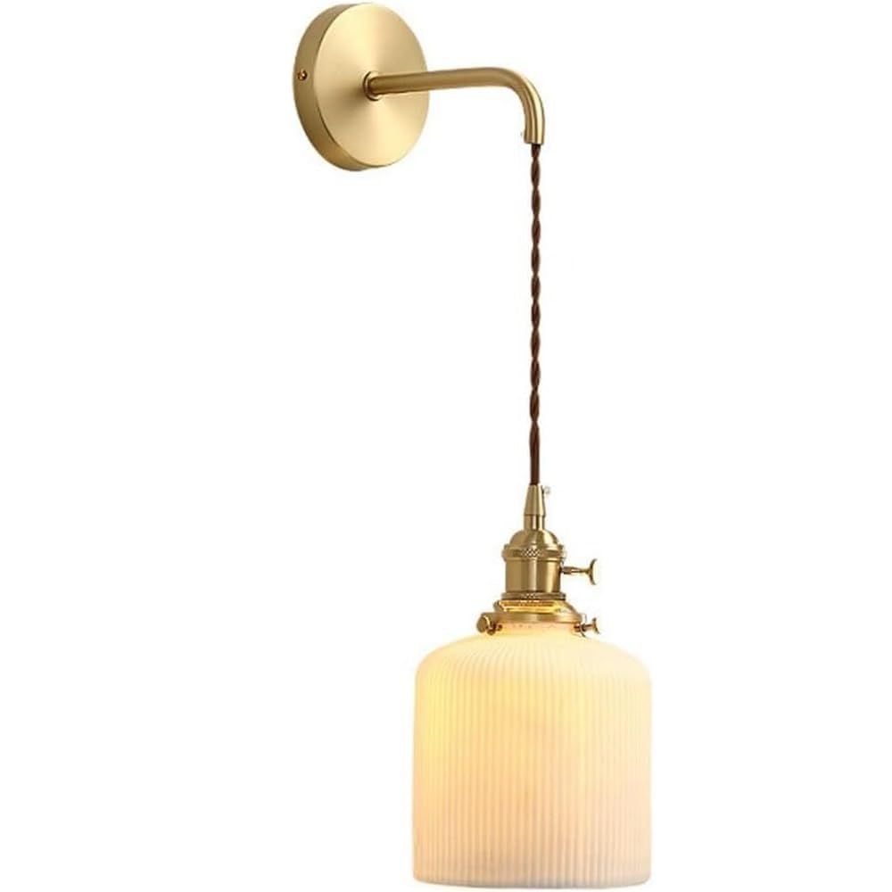 HPTHLY Vintage Nordic Ceramic Hanging Wall Light Fixtures Mid Century Brass Wall Sconce Retro Antiqued Farmhouse Hardwired Wall Mounted Lamp For Bedroom Liv(Cylinder)