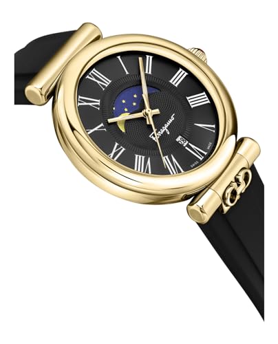 Ora Moonphase Collection Luxury Womens Watch Timepieces with a Black Strap and Dial Featuring a Gold Case3