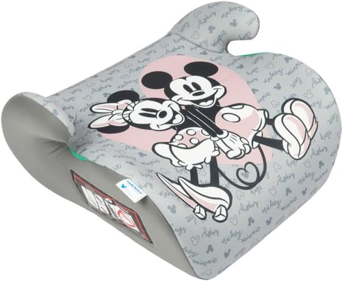 Disney Seggiolino Alzabimbo auto Minnie e Mickey Mouse per la sicurezza dei bambini con altezza da 125 a 150 cm con grafiche dei simpatici Topolino e Topolina su fondo grigio