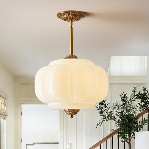 Flashine Milk Glass Pendant Light 14.9 Inch White 3 Color Adjustable Mid-Century Ceiling Light Fixture Schoolhouse Hanging Lamp Chandelier for Kitchen Dining Room Hallway Bedroom (Bulbs Included)