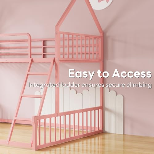 Image of LIKIMIO Bunk Bed Twin Over Full Size, House Bunk Bed Frame with Ladder and Guardrail, House Shaped with Metal Slats Support No Box Spring Needed Space Saving for Bedroom and Dorm, Pink