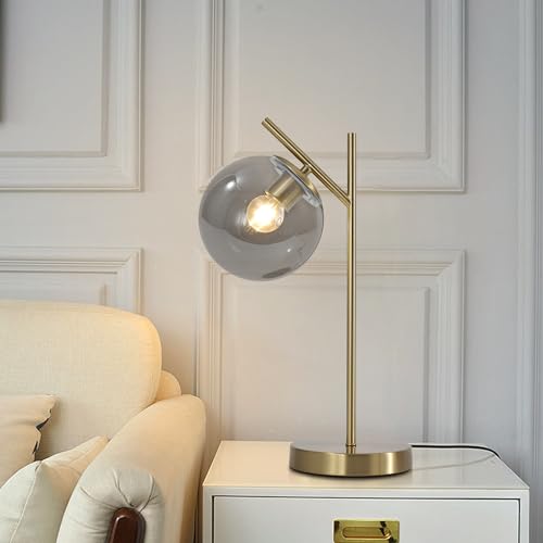 Image of Mid Century Desk Lamp, Glass Globe Table Lamp with Gray Glass lampshade, Gold Modern Bedside Lamps for Bedroom Living Room Study Room