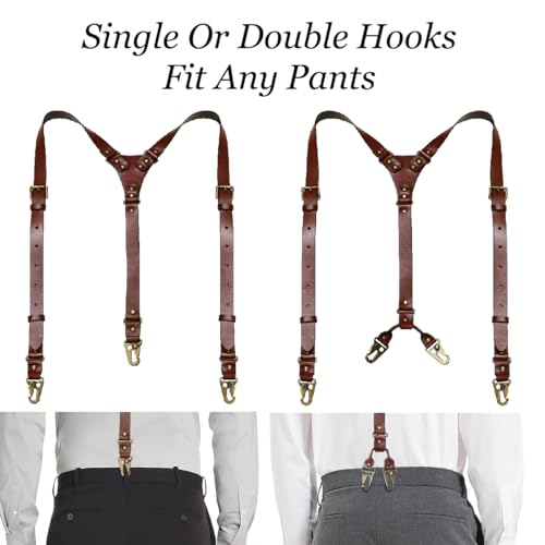 Image of Leather Suspenders for Men Heavy Duty Western Gallus Vintage with Hooks