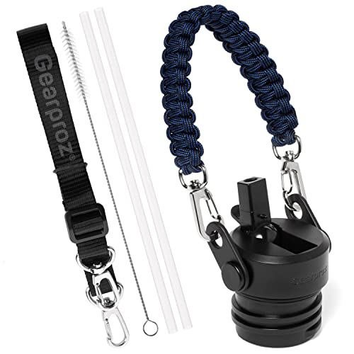 Straw Lid for Hydroflask 24 oz, 21 oz, 18 oz â€” Paracord Handle, Shoulder Strap, Straws, Straw Cleaner â€” Standard Mouth Water Bottle Accessories Kit for Hydro Flask, IronFlask and More (Midnight Blue)