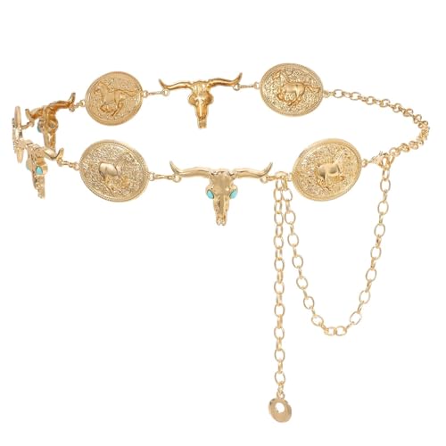 WHIPPY Western Metal Concho Belt for Women Vintage Cowgirl Boho Turquoise Chain Belts for Dresses Jeans