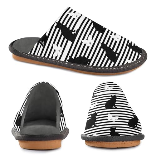 ODAWA Black Cat Stripes Memory Foam House Shoes for Grandma Mom, Non Slip Mens Slip On House Shoes Size 4-54
